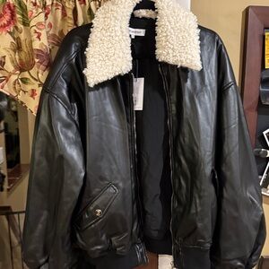 Scott Black Leather Bomber Jacket with Cream Collar
